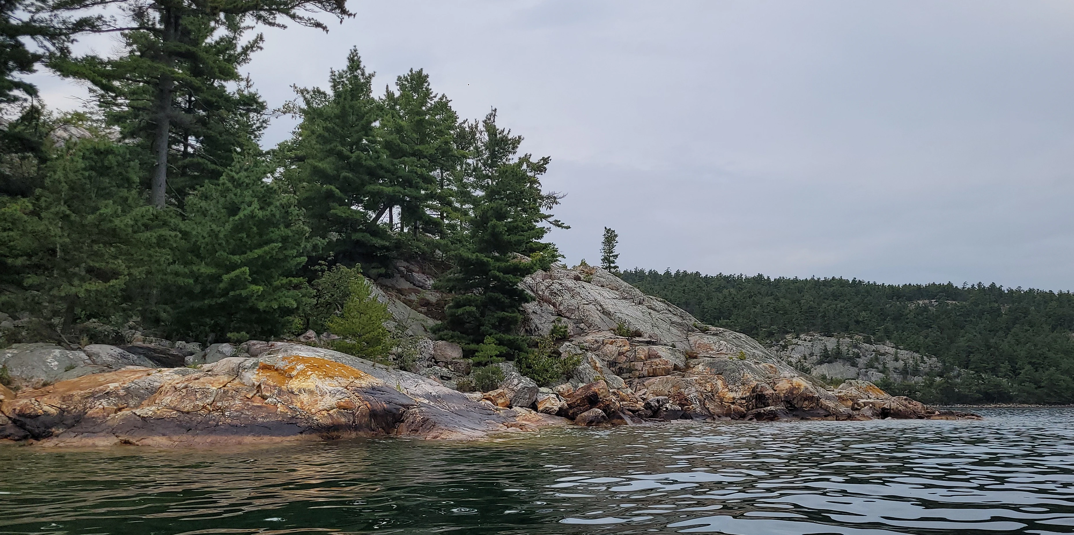 White quartzite cliffs and pine trees in Killarney Bay